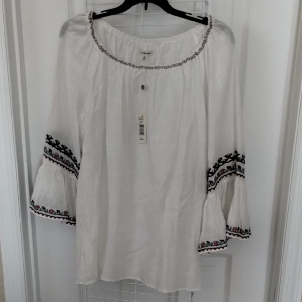 Max Studio White Blouse with Black and Pink Embroidery